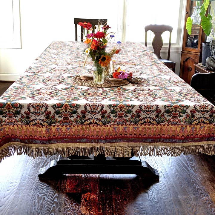 Tache Home Fashion - Wholesale Tablecloth - Tache Elegant Ivory Colorful Ornate Paisley Woven Tapestry Tablecloth (18193)4