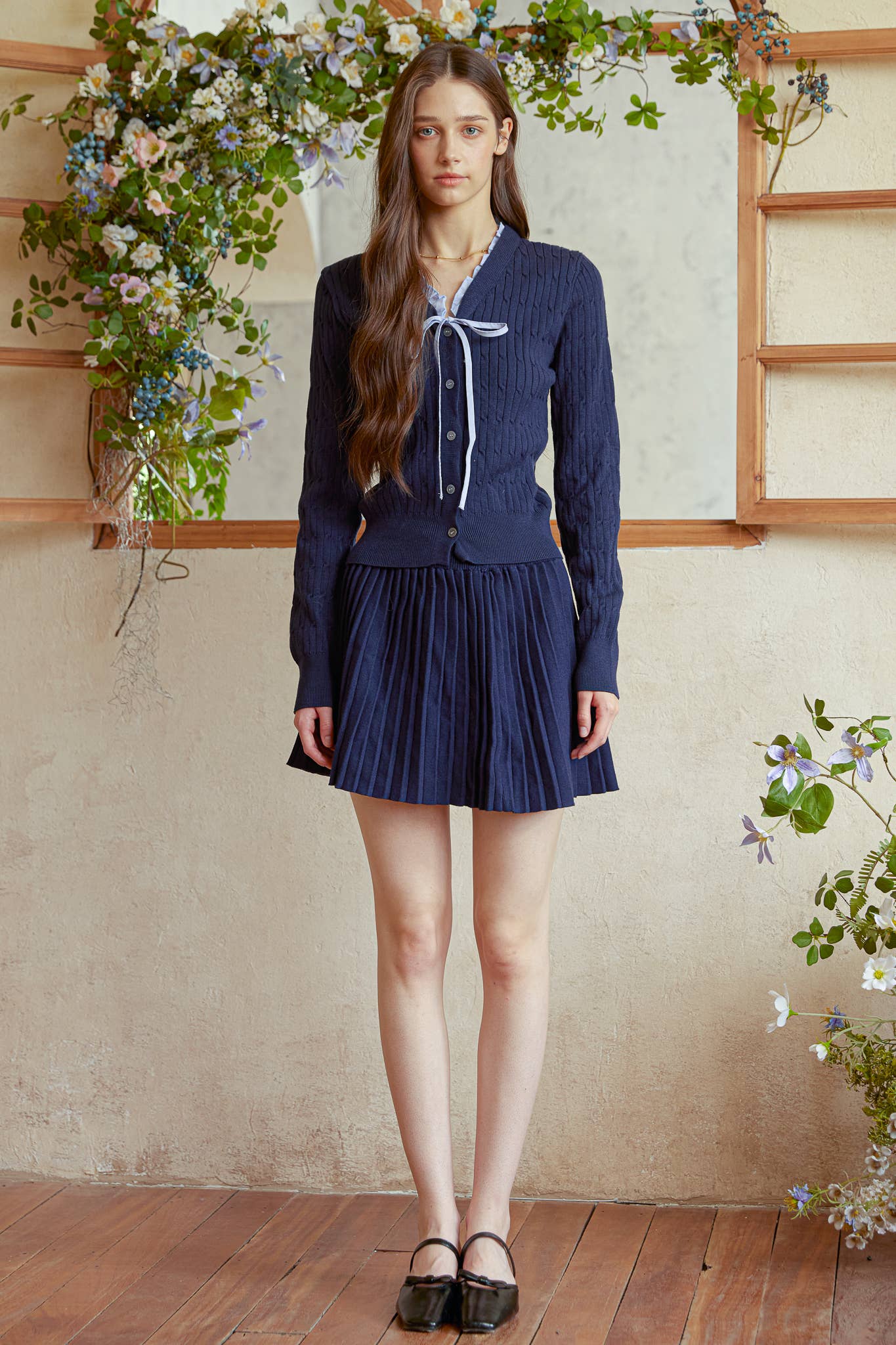 ROSIE POSIE – wholesale Set med topp och kjol - Dam – RP2945 - Marinblå Stickad & Plisserad Kjolset1