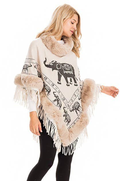 Cap Zone - Wholesale Poncho - Women's - Lucky Elephant Printed Fur Neckline Soft Cozy Poncho7