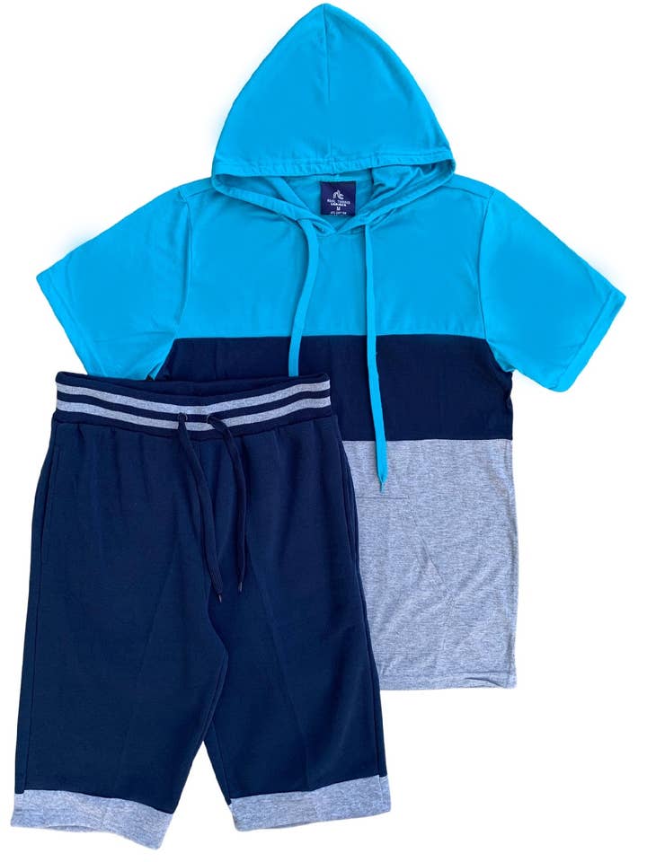 Royal Threads - Wholesale Lounge Set - Men's - Men's Color Block Shorts Set with pullover Hoodie & Shorts