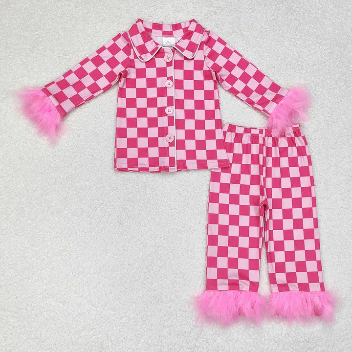 Ensemble de vêtements de pyjama en fourrure avec boutons à carreaux rose foncé pour petites filles pour la vente par Aier Wholesale