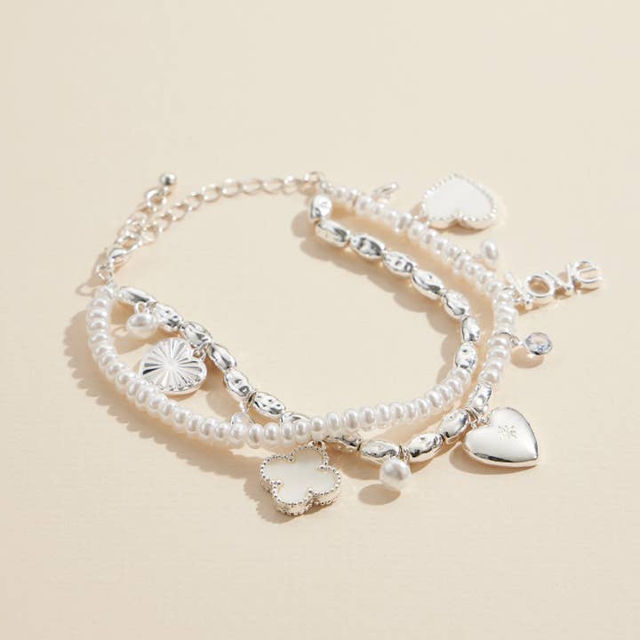 Lilla Haven - Wholesale Charm/Dangle Bracelet - Layered Pearl Charm Bracelet – Love, Heart, and Clover Pendants1