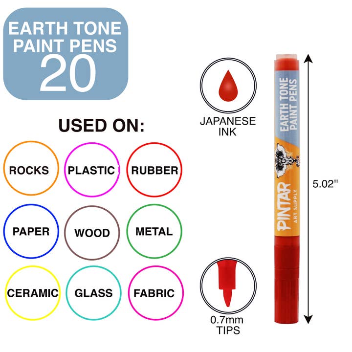 Pintar Art Supply - Wholesale Marker - Pintar Earth Tone Color 20 Pack Paint Pens Acrylic Paint Pen Set with Extra Fine 0.7mm Tip | Use on Rocks, Canvas, Glass, Ceramics, Plastic, Porcelain2