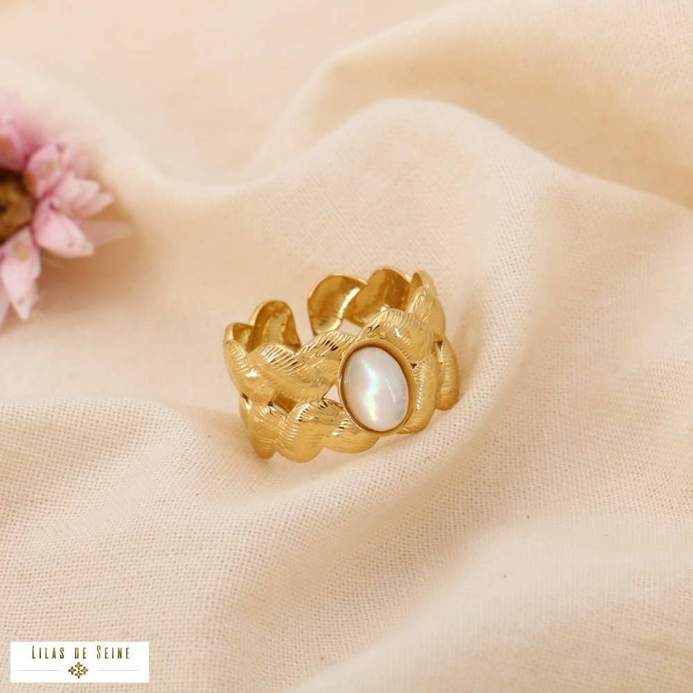 Lilas de Seine - Wholesale Multi-Stone Ring - Adjustable steel ring with chevron mother-of-pearl stone cabochons 04250343