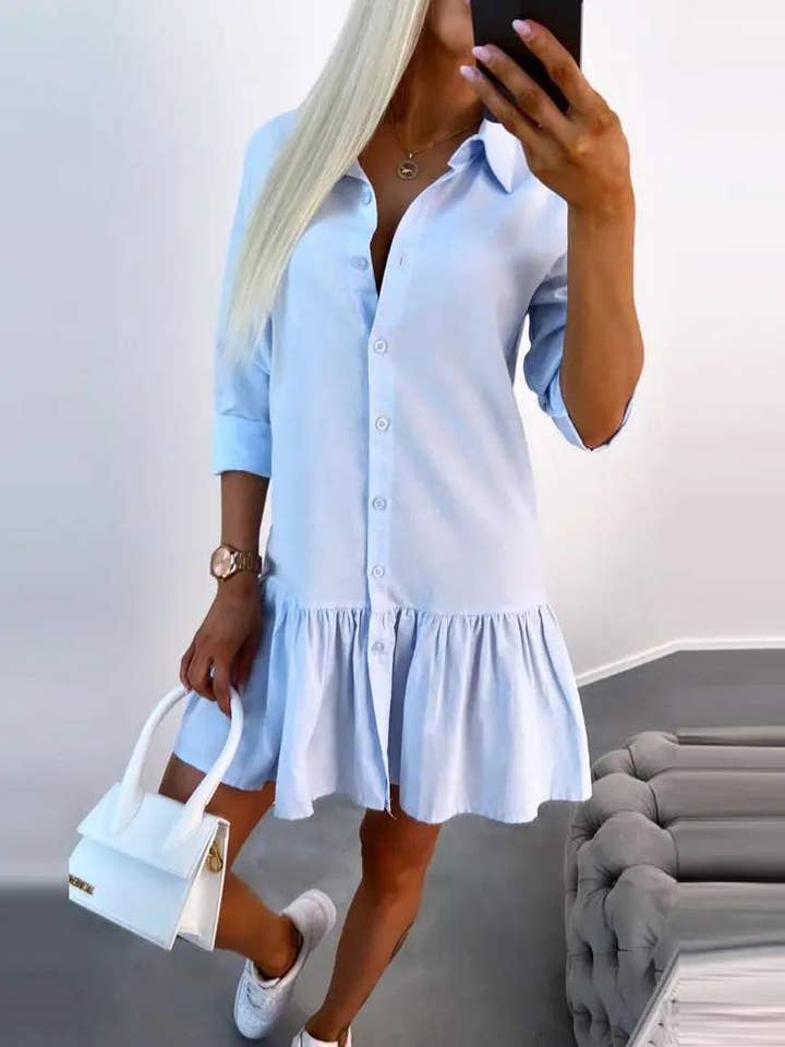 long sleeve buttoned ruffle hem shirt dress for wholesale by Fashion Combination