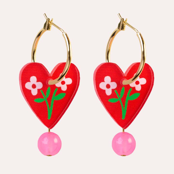 Boucles d'oreilles créoles en forme de cœur | Rouge | Cadeau de bijoux pour elle pour la vente par Natalie Lea Owen – Handmade Jewellery & Greeting Cards