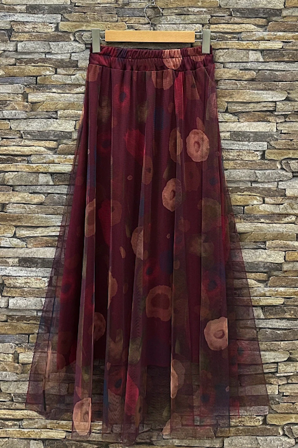 LOOWIE - Wholesale Skirt - Women's - ELFMSBU Italian One Size Romantic Burgundy Tulle Midi Skirt1