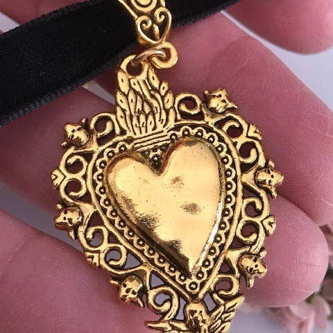 Miss DJ Angel - Wholesale Pendant/Charm Necklace - Ex voto choker, sacred heart necklace, golden heart charm, choker gift for mom, sacred heart gift for woman, handmade ex voto.