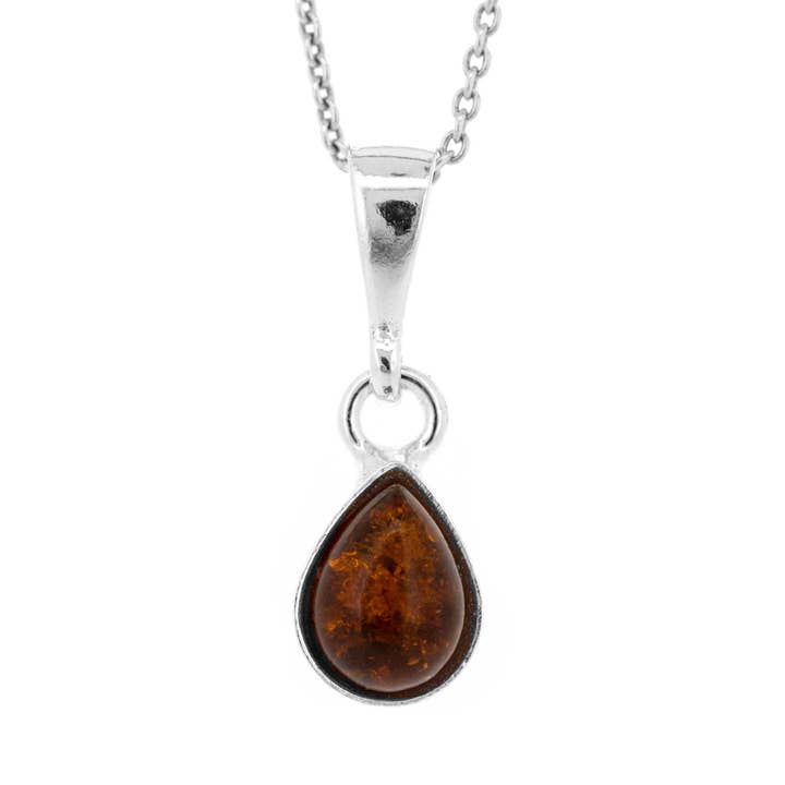 Cognac Amber lille Teardrop vedhæng med 18" Trace Chain, Box for engroshandel hos Nova Silver