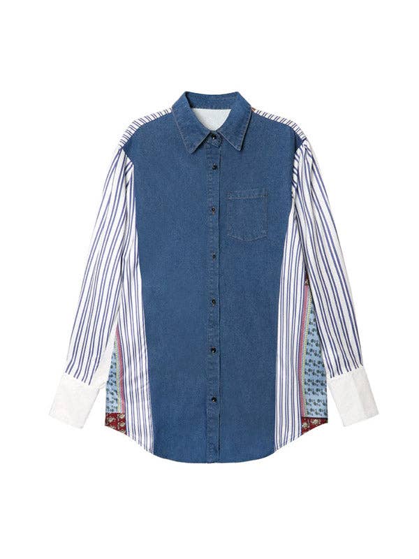 Sheer Trend - Vente Chemise à col boutonné – femme - Blouses et chemises à revers rayés à manches longues, amples et boutonnées, poches de couleur contrastante11