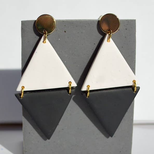 Modern Black and White Double Triangle Clay Earrings, Handmade for wholesale by Clay Jewels by Jules