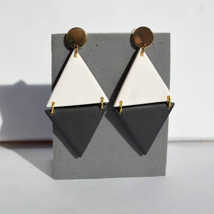 Modern Black and White Double Triangle Clay Earrings, Handmade for wholesale by Clay Jewels by Jules