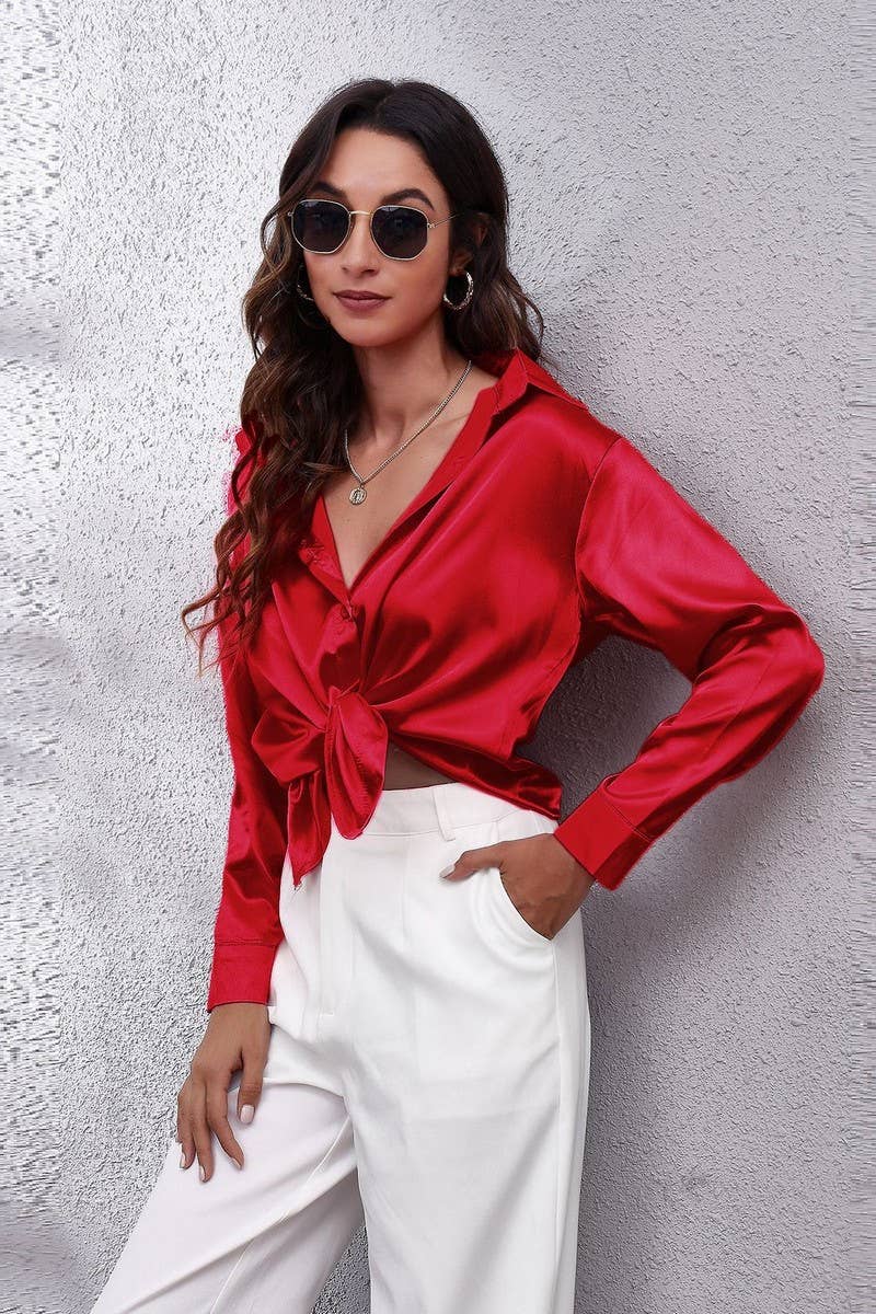 NINEXIS - Wholesale Button Down Shirt - Women's - CWTBLL0691_Button Down Silky Satin Long Sleeve Top66