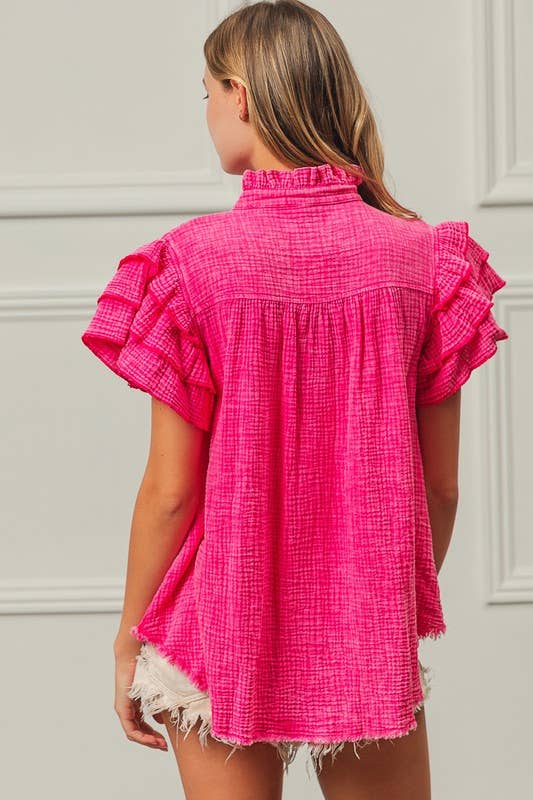 FUCHSIA Mineral Washed Crinkle Gauze Top for wholesale on Faire2