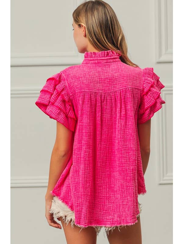 FUCHSIA Mineral Washed Crinkle Gauze Top for wholesale on Faire2