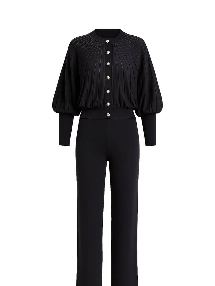 Knit lurex stripe cardigan and pants set for wholesale by RIVIR