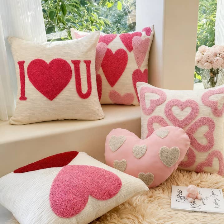 Valentine Heart Chenille Embroidered Decorative Throw Pillow for wholesale by Liffy