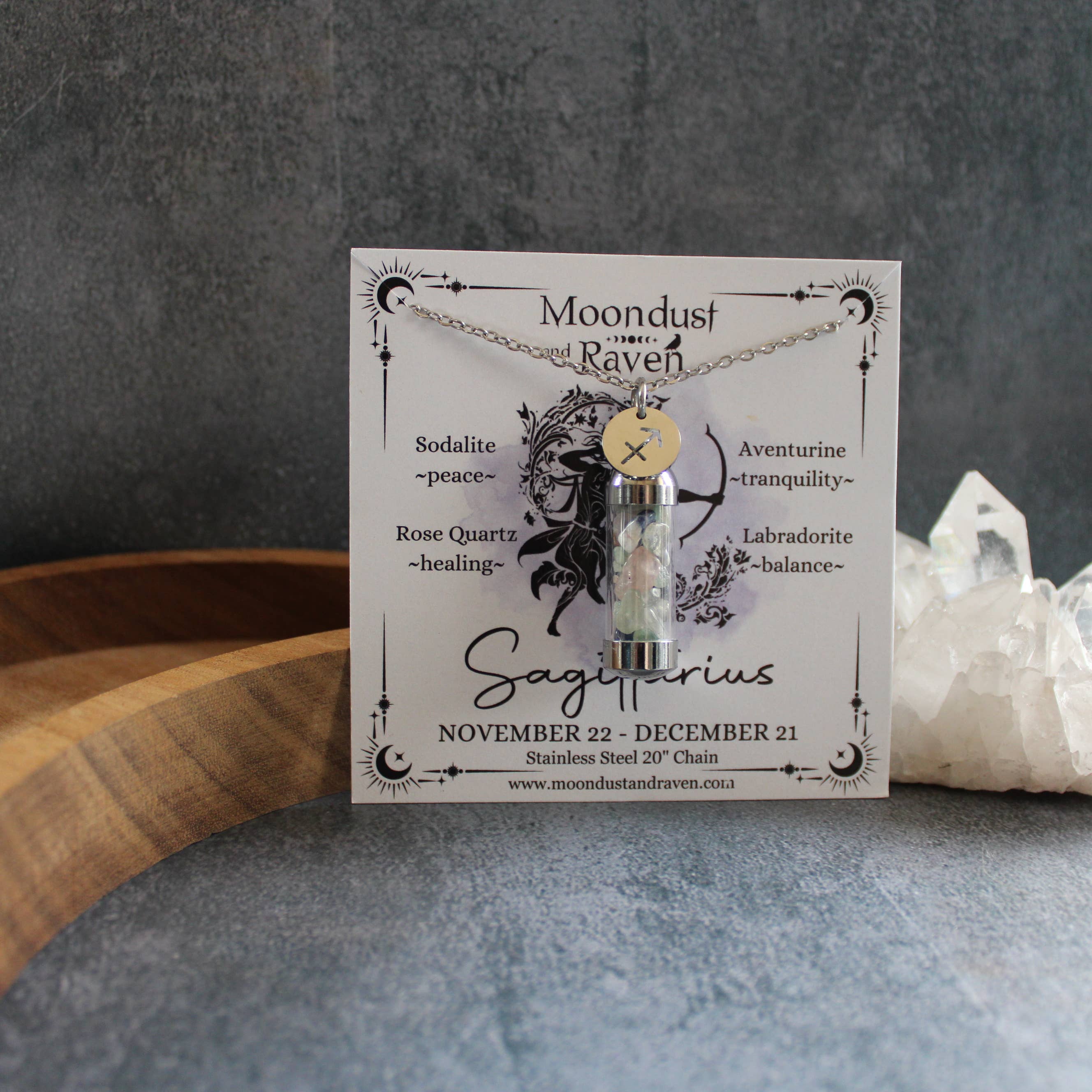 Moondust and Raven – wholesale Pendant/charm necklace – Sagittarius Crystal Vial Necklace, Zodiac Astrology Gift