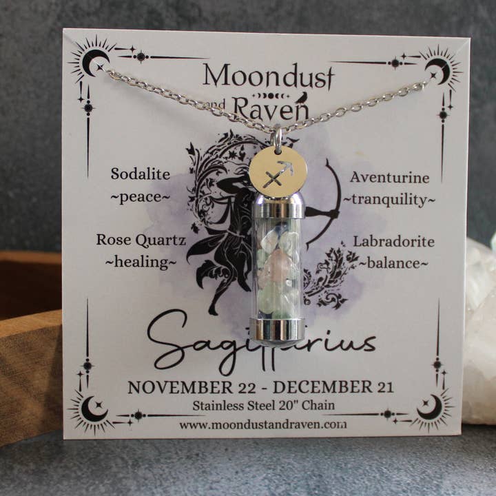 Sagittarius Crystal Vial Necklace, Zodiac Astrology Gift for wholesale by Moondust and Raven