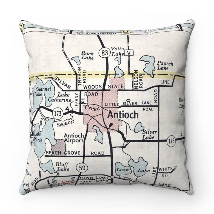 Coussin Carte d'Antioch Illinois – Coussin Carré 18" pour la vente par Daisy Mae Designs