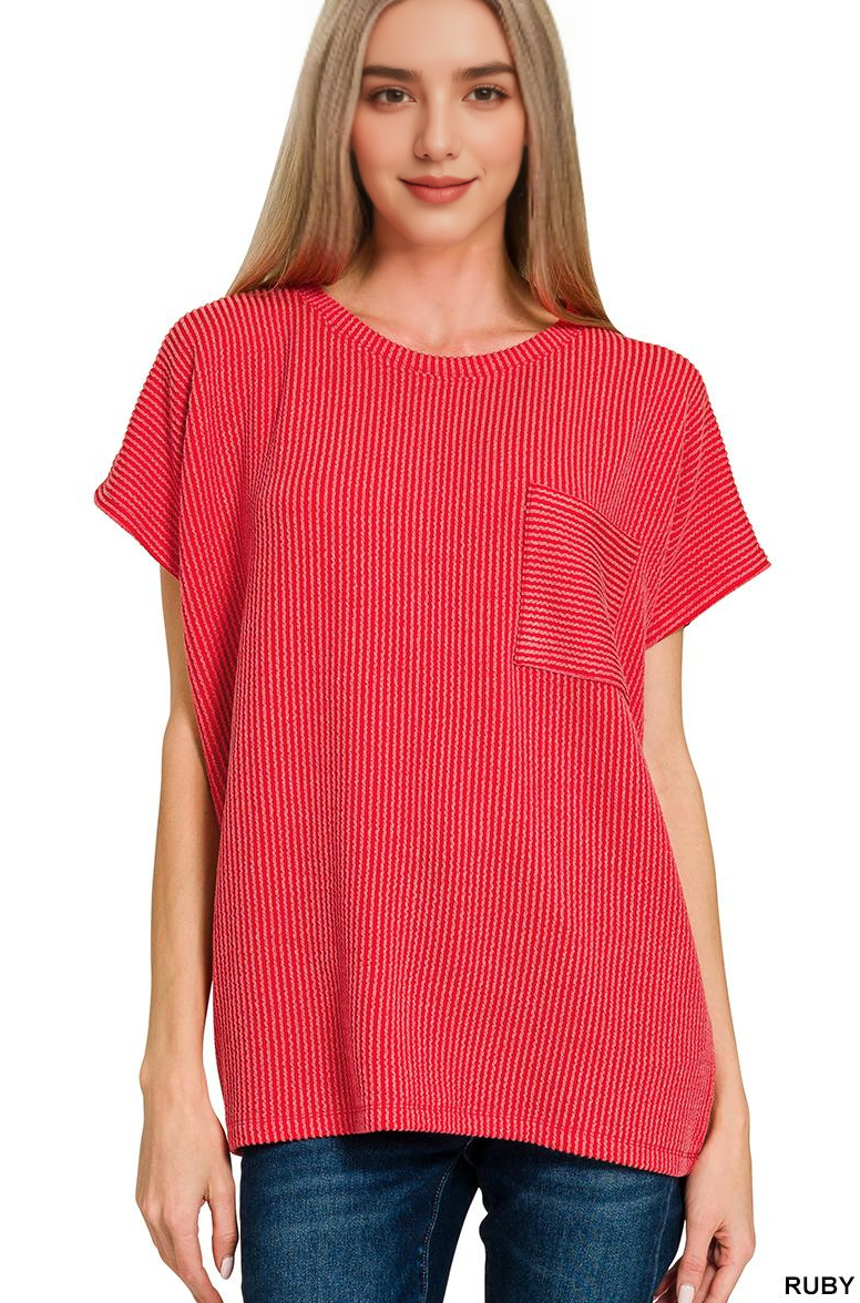 42POPS - Wholesale Knit Top - Women's - ....0902 Raised Rib Front Pocket Boxy Top SI-287139