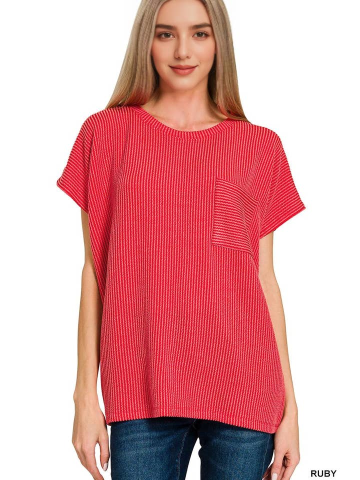 42POPS - Wholesale Knit Top - Women's - ....0902 Raised Rib Front Pocket Boxy Top SI-287139