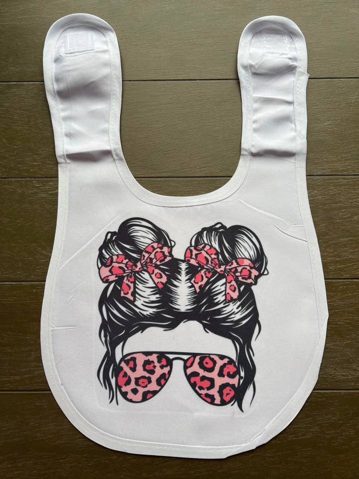 Cheetah Glasses with Buns Sublimated Baby Bibs for wholesale by The Crazy Craft Girl LLC