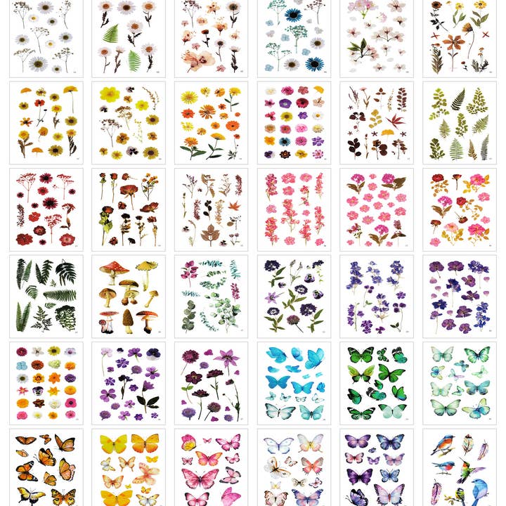 Wrapables Pressed Flowers PET Stickers (480pcs), 36 Sheets for wholesale by Wrapables.com