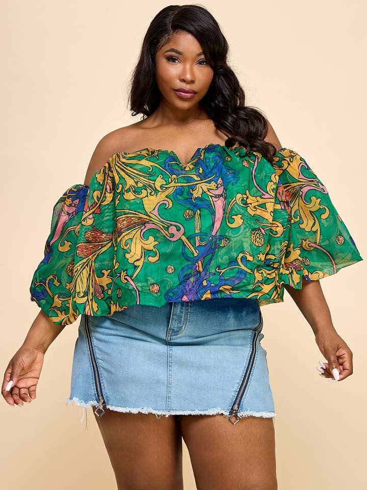 Blouse à volants sans épaules grande taille pour la vente par Namatt Design