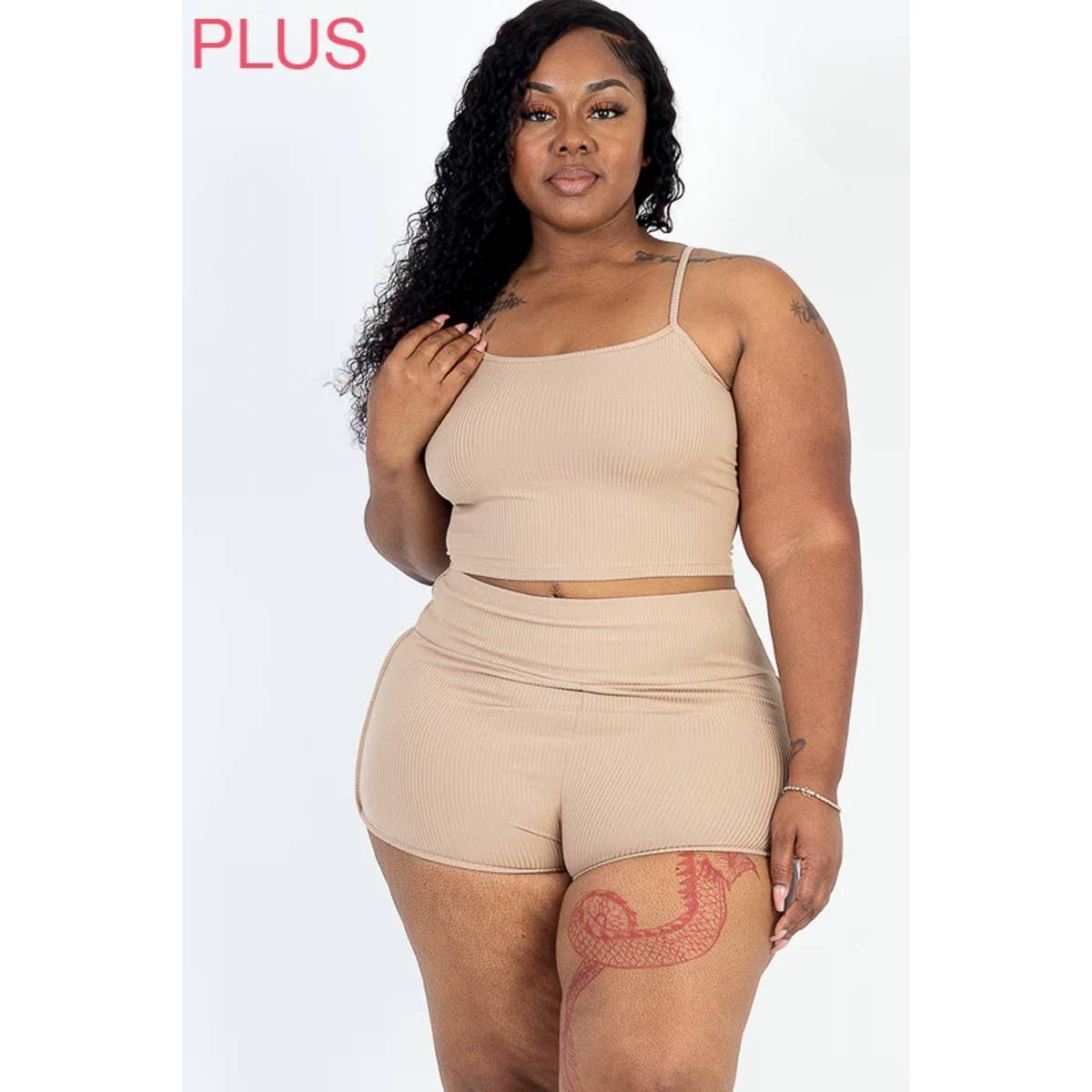 Timeless - Wholesale Lounge Set - Women's - Plus Size Ribbed Cami Crop Top and Ruched Shorts Set8