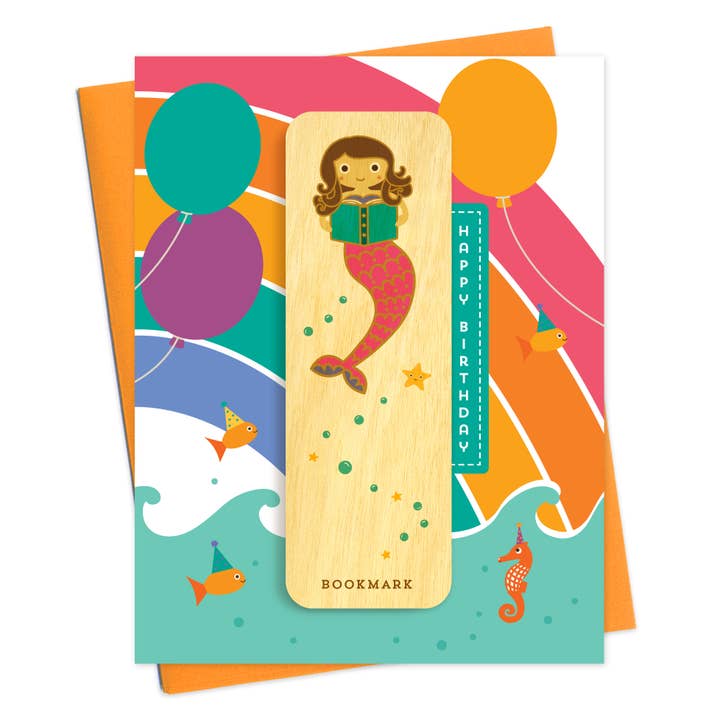Night Owl Paper Goods - Wholesale Birthday Card - Reading Mermaid Bookmark Birthday Card