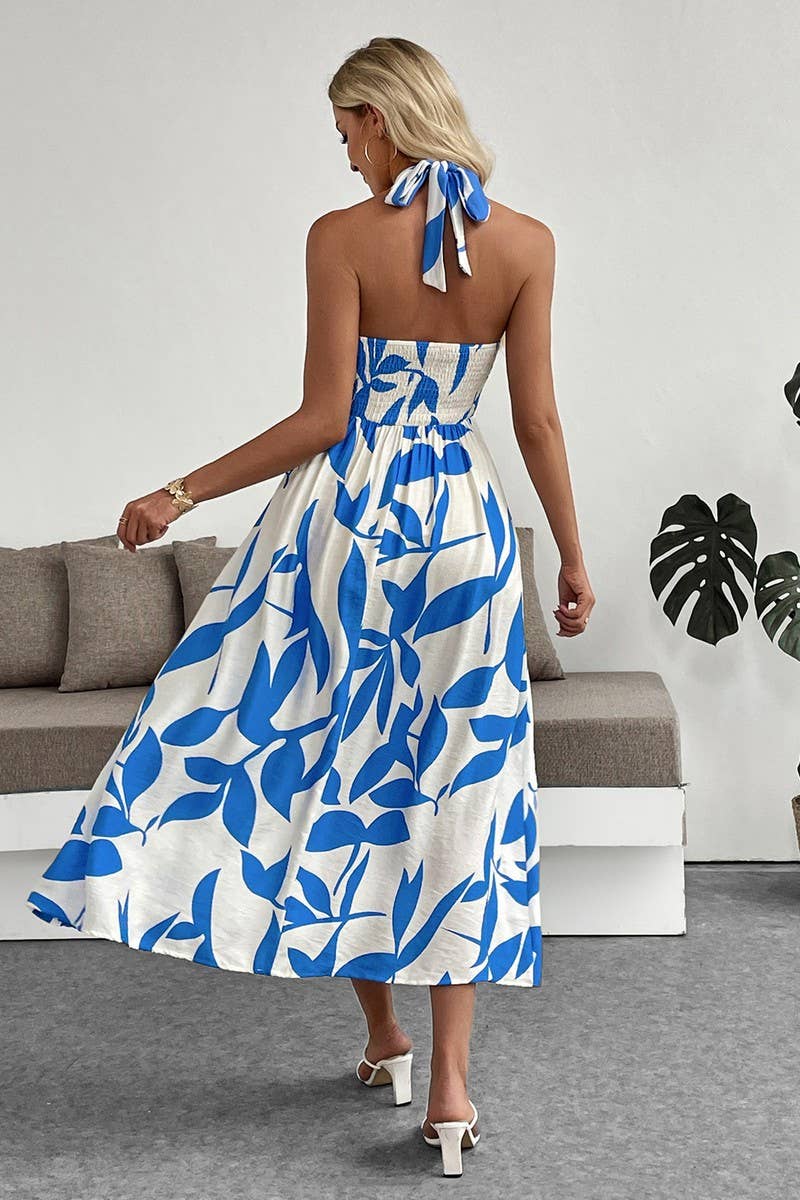 BLUE CWDMD6281_TROPICAL HALTER NECK SPLIT HEM BEACH DRESS for wholesale on Faire4