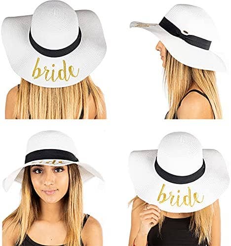 Funky Junque – Großhandel Strohhut – Damen – Bestickter Sonnenhut für Braut (weiß/goldener Schriftzug)1