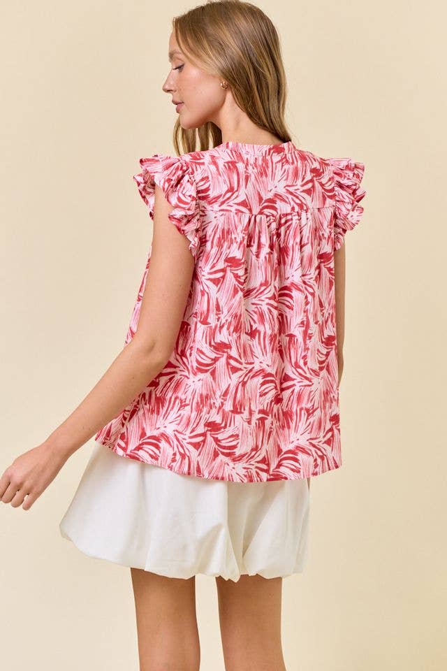 Doe and Rae - Wholesale Blouse - Women's - Abstract Print V-Neck Double Ruffled Cap Sleeve - 44961T8