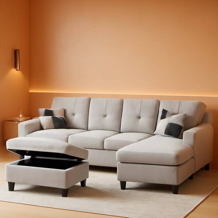 L Shaped 3 Piece Flannel Sofa With Storage Ottoman Grey for wholesale by ShipItFurniture