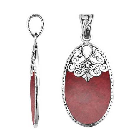 AP-1130-CR Ovaalvormige Hanger van Sterling Zilver met Rode Koraalschelp – Groothandel voor wholesale door Bali Designs