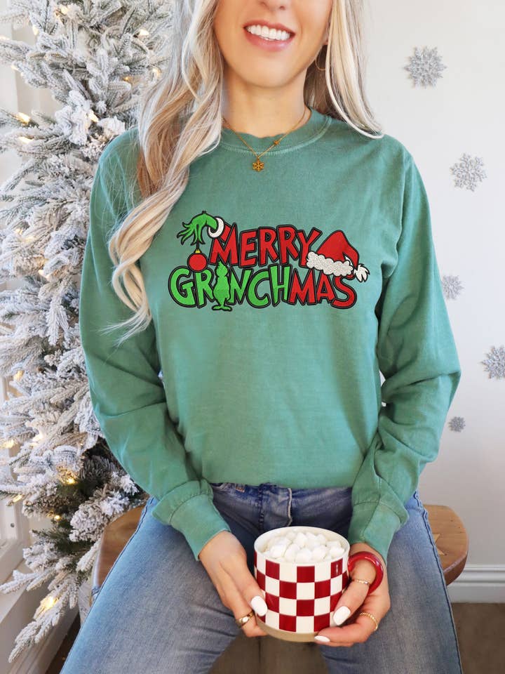 Embroidered Comfort Colors Long Sleeve Grinchmas for wholesale by Beer Budget Designs