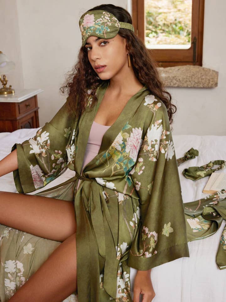 Floral Olive Kimono Robe for wholesale on Faire34