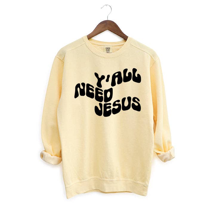 Retro Y'all Need Jesus Wavy | Garment Dyed Sweatshirt for wholesale by Uplifting Threads Co Wholesale