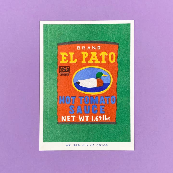 Impresión risográfica de una salsa de tomate picante en lata para venta al por mayor de We are out of office