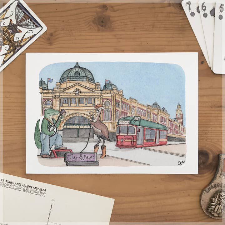 Busking in Melbourne - A5 Art Print for wholesale by Erlenmeyer Art