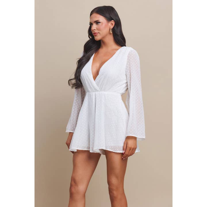 The Sang - Wholesale Romper - Women's - BELL SLEEVES WITH FEATHER TRIM DEEP V NECK ROMPER