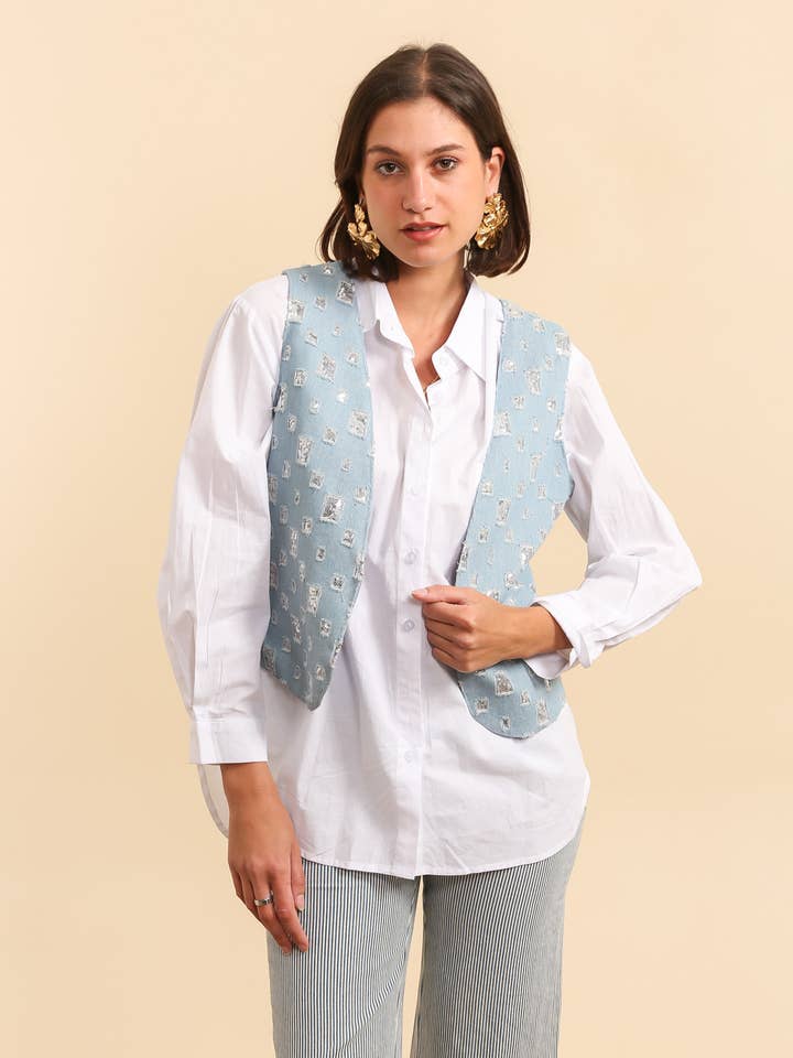 Chaleco sin mangas de sarga y mezclilla bordado con lentejuelas - X23 para venta al por mayor de INSPIRATION STUDIO