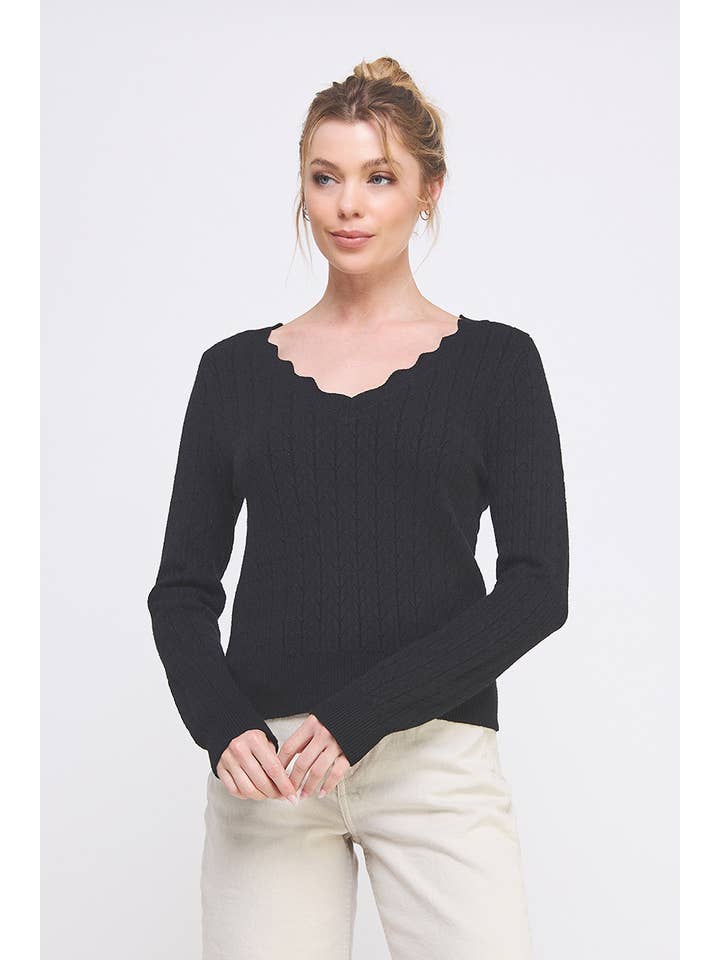 Allie Rose - Wholesale Knit Sweater - Women's - Pointelle Pullover Sweater with Scallop V-Neck