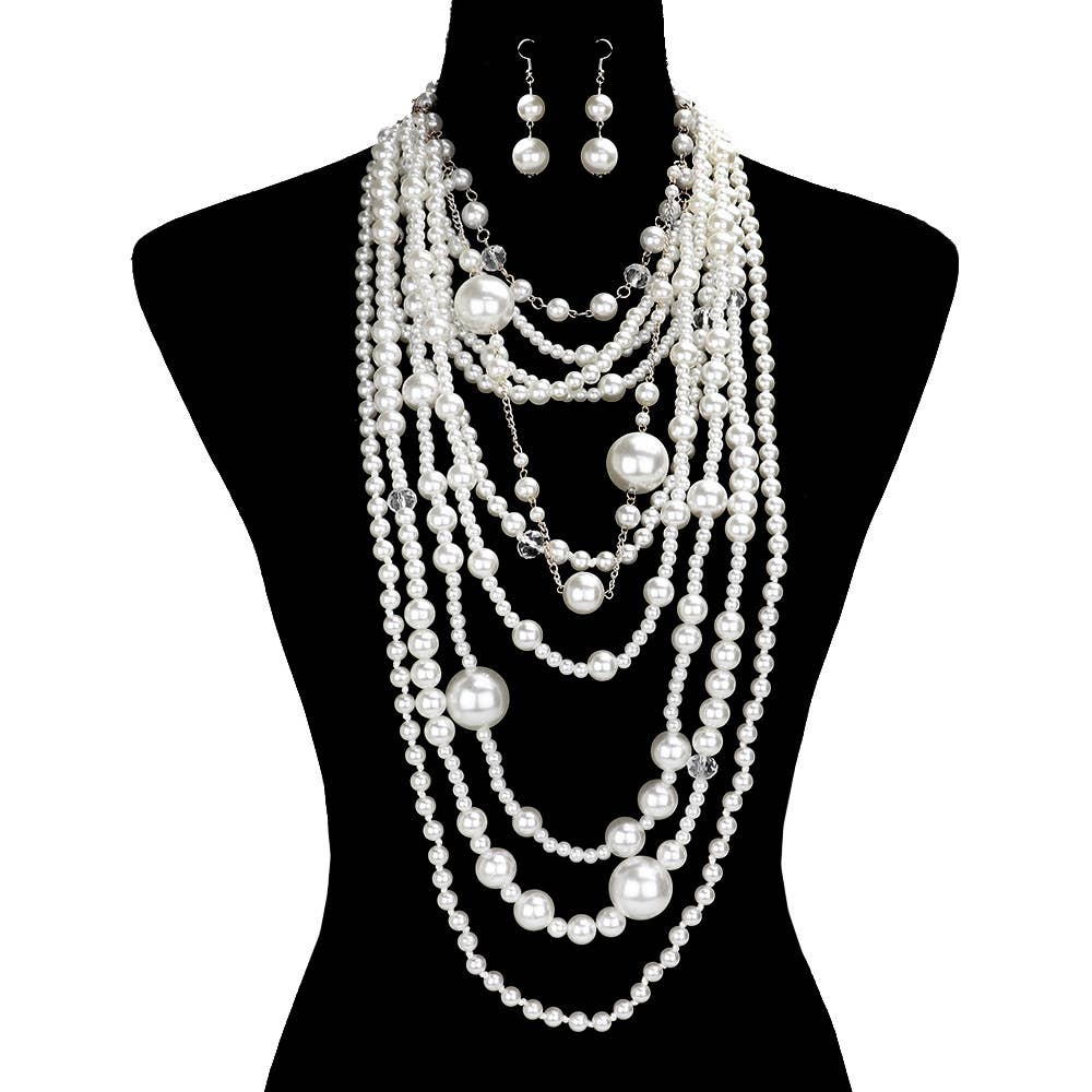 Diacly - Wholesale Jewelry Set - Chunky Multi-Layered Pearls Statement Necklace Set Gatsby2