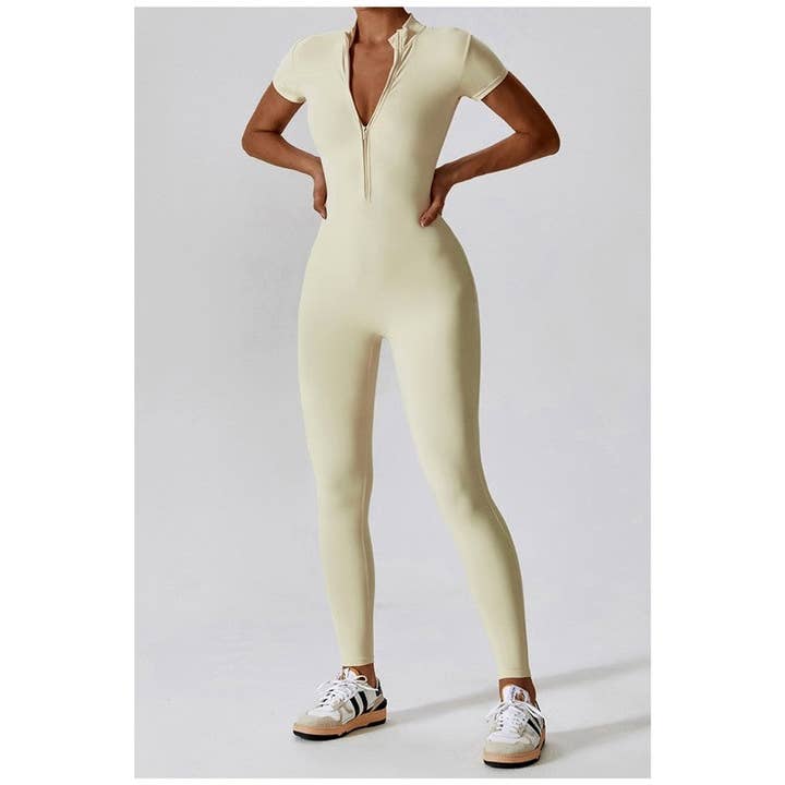 FurDecoration - Wholesale Unitard – Women′s - Solid Color Short Sleeve Zipper Skinny Yoga Fitness Jumpsuit7