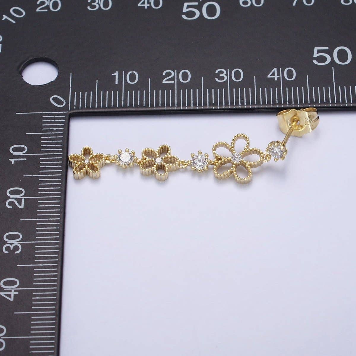 Aim Eternal - Wholesale Jewellery set - 14K Gold Filled Beaded Flower Clear CZ Linear Drop Stud Earrings Set | AD14672