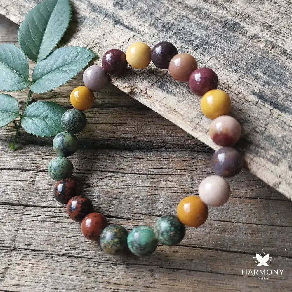 Harmony Mala - Vente Collier de prière en perles - Collier mala en Mookaïte et turquoise africaine avec pendentif0