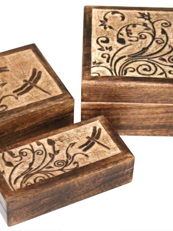 Ensemble de 3 pièces imbriquées avec dessus rectangulaire en bois de manguier - Libellules pour la vente par Jafsons International