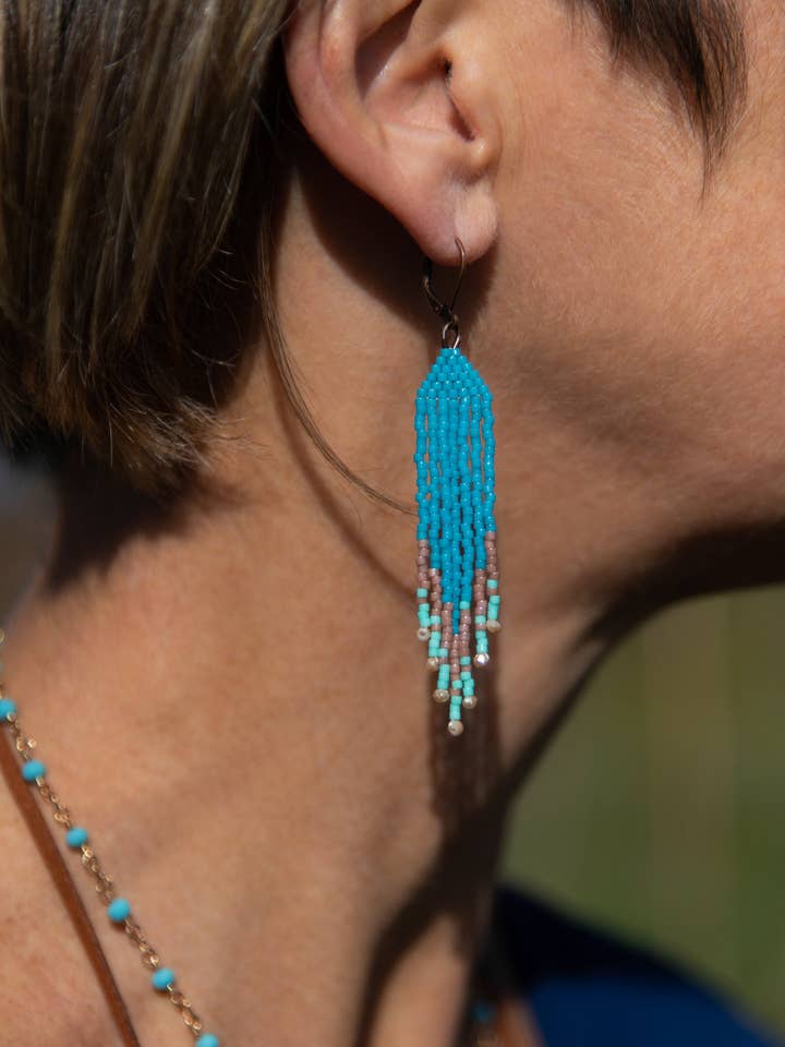 Teal Bohemian Style Fringe Earrings for wholesale by Hazel Earth Design